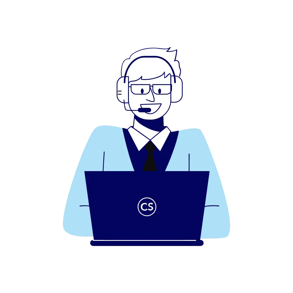 Person with headphones at a laptop labeled CS